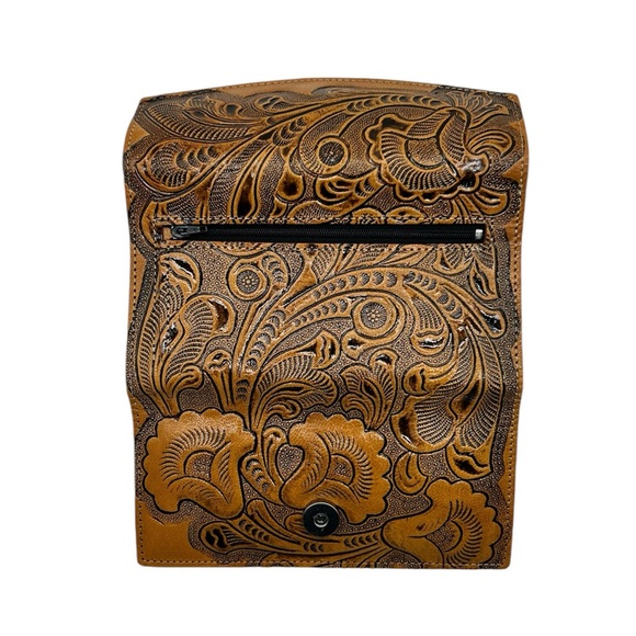 Women’s Yellow Brown Trifold Floral Tooled Leather Wallet - Picture 2 of 3